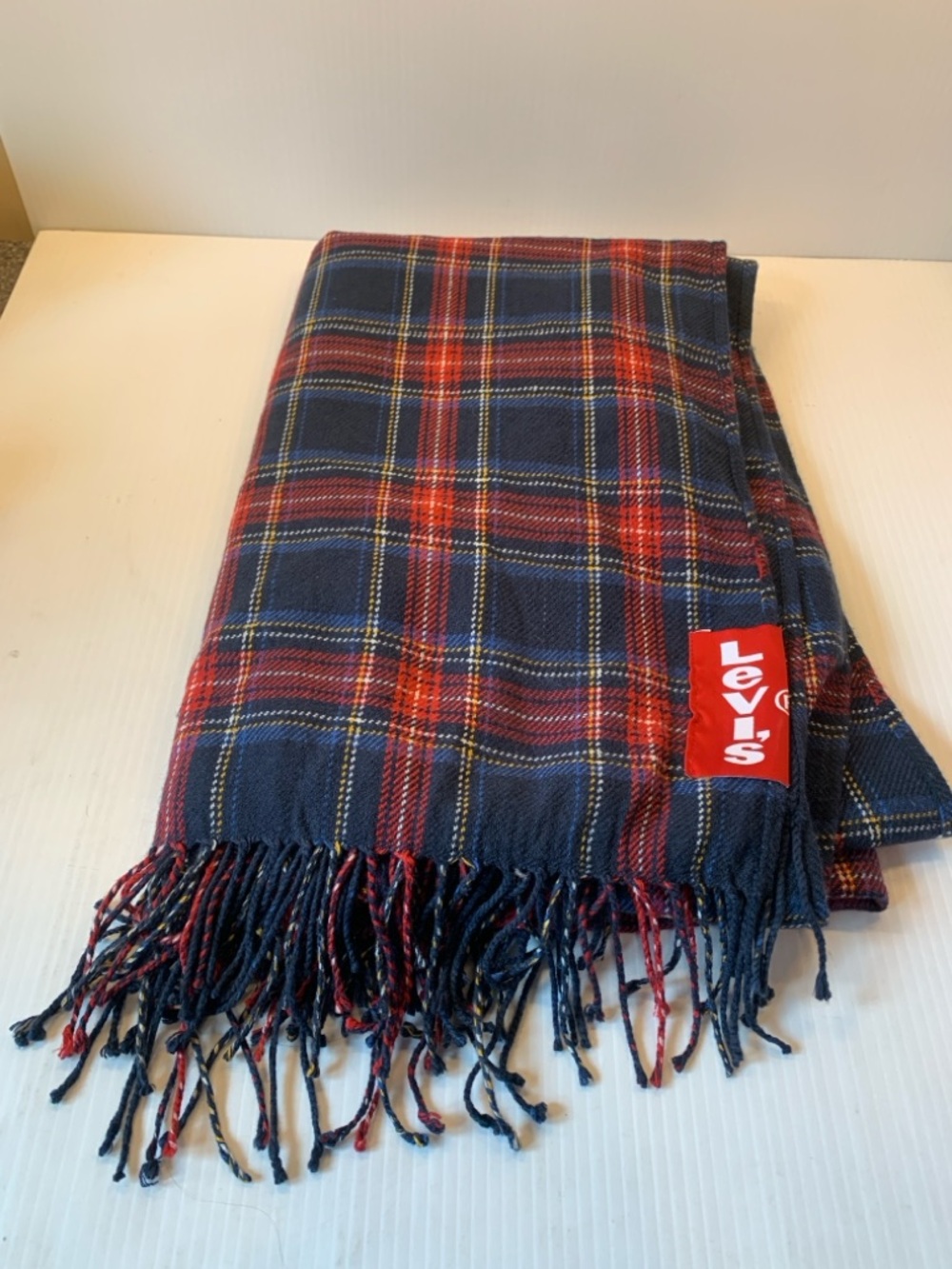 Levi's Navy Blue and Red Plaid Fringe Throw Blanket